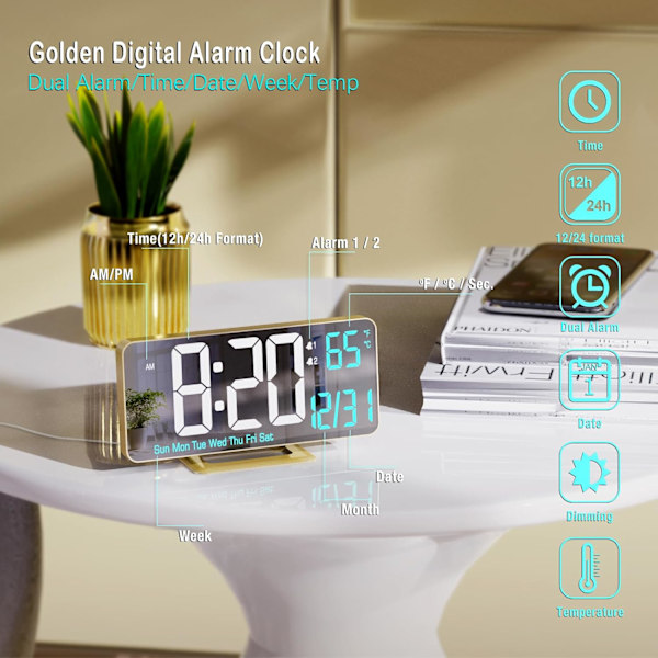 Dubbel väckarklocka 6,7 tum guld bordsur med dimning, 12/24h, sekunder, datum, veckodag, temp, digital LED-klocka för sovrum, digital kalender
