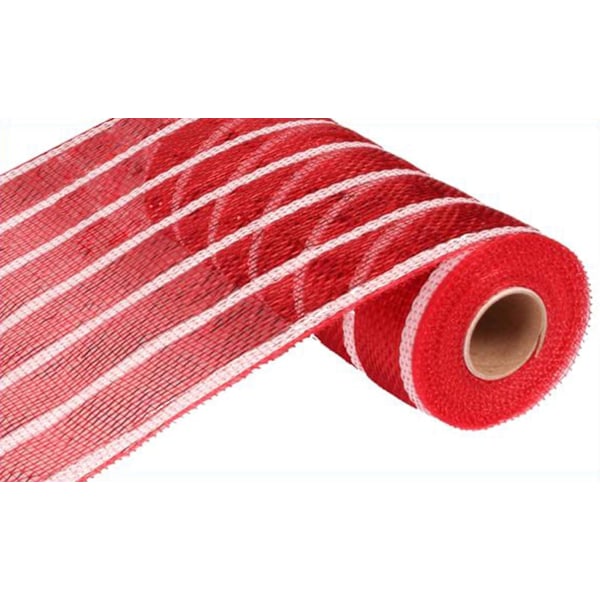 10 tommer x 30 fot Deco Poly Mesh Ribbon - Metallic Red og White Stripe Foil :