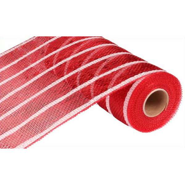 10 tum x 30 fot Deco Poly Mesh Ribbon - Metallic Röd och Vit Rand Folie :