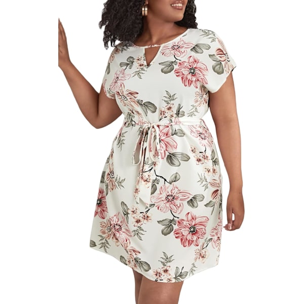Plus Size Blomstermønstret Kjole med Bindebånd foran og Nøglehulsudskæring