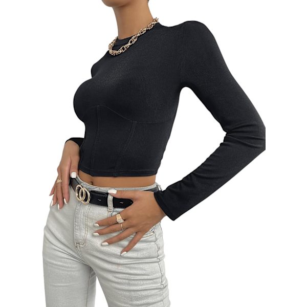 Kvindernes Mock Neck Langærmet Ribstrikket Slim Fittet Crop