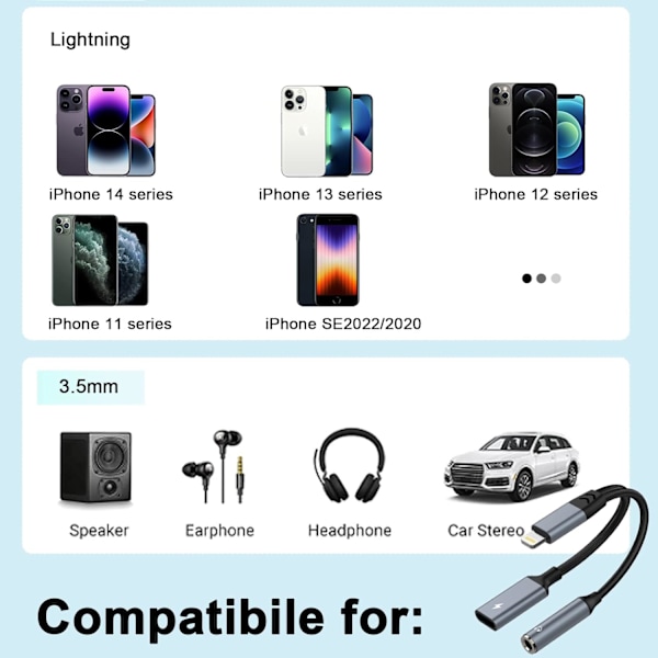 2-i-1 iPhone-hovedtelefon- og opladeradapter - Lyn til 3,5 mm AUX-lyd + Lyn-opladersplitterdongle til iPhone 14/13/12/11 Pro