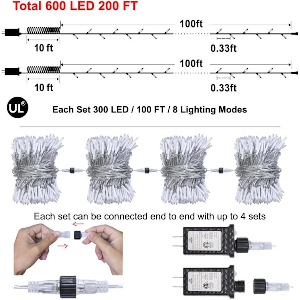 2-pack totalt 200 fot 600 LED julgransljus, fe-trädlampor inomhus utomhus anslutningsbara, 8 lägen och timer LED-slingor för sovrum,