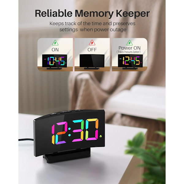 Digital väckarklocka för sovrum, digital klocka med modern kurva, iögonfallande 6 färger RGB-display, 5 nivåer ljusstyrka+av, 2 volymer, 3 larm X-dynamisk