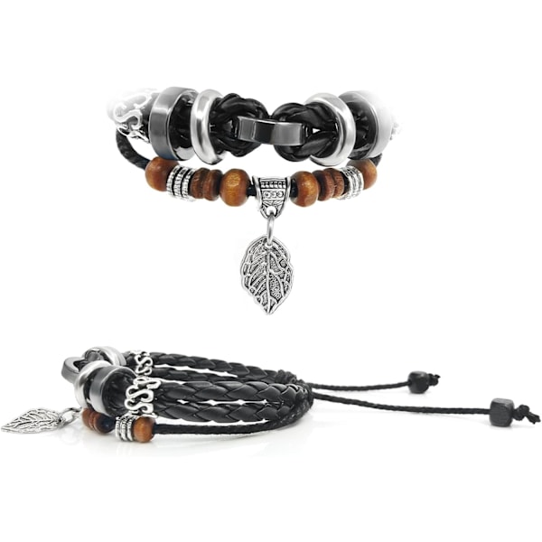Flerskiktat justerbart läder flätat armband kors armband blad handled