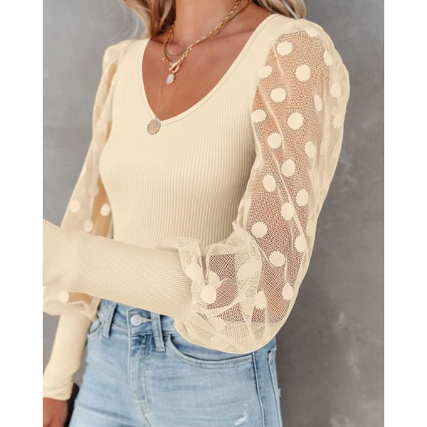 Kvinders Puffy Mesh Lace Langærmet Toppe V-hals Polka Dot Bluse Casual Ribbet