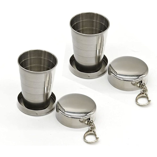Sammenleggbar kopp i rustfritt stål med lokk og nøkkelring - 75ml/2.5oz Gjenbrukbar for camping, fotturer, utendørs | 2-pakning