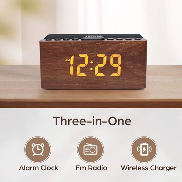 Digital LED-väckarklocka FM-radio, snabb trådlös laddningsstation för iPhone/Samsung Galaxy, 5-nivås dimmer, USB-laddningsport, 2 ljud, sömn