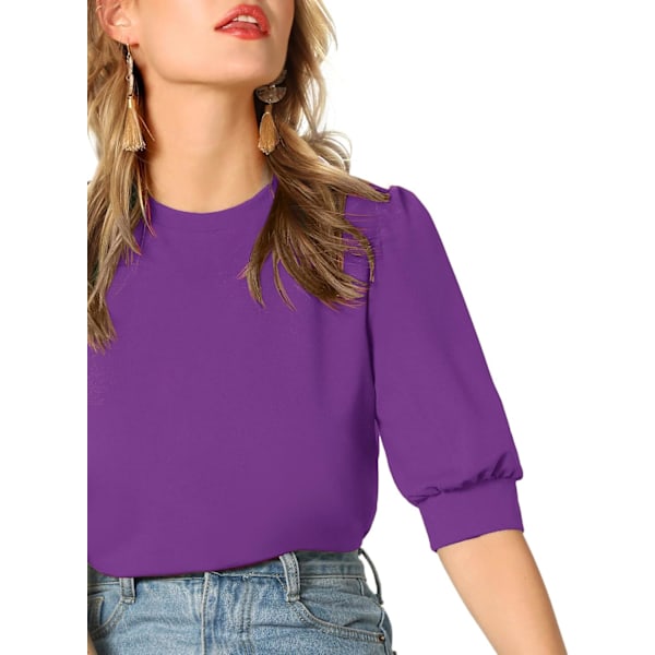 Kvinners Puff Sleeve Casual Solid Top Pullover Keyhole Back Bluse