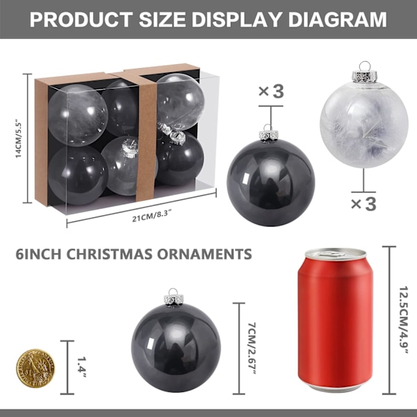 2,76\" Julekule Sett, Klar Plast Shatterproof Julepynt
