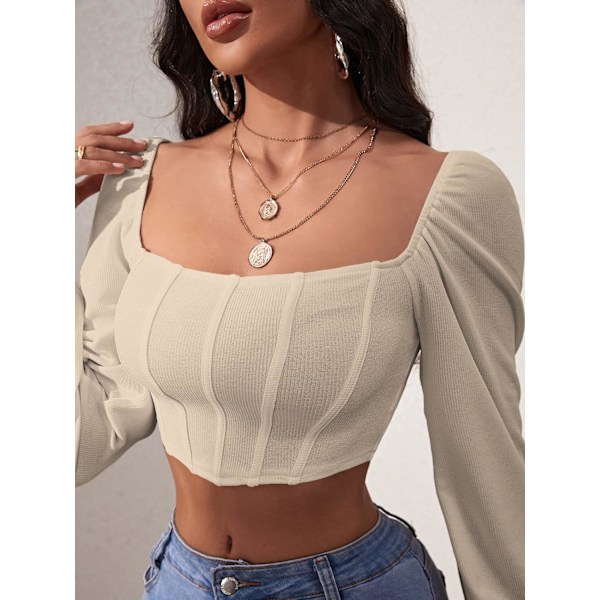 Kvinners langærmet Crop Top Tee Square Neck Basic T-shirt