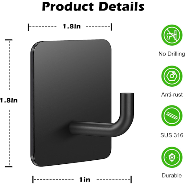 Selvklæbende kraftige kroge - 6-pak sorte klæbekroge til frakker, håndklæder, nøgler