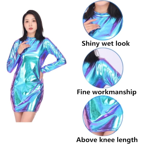 Glittrande långärmad klänning för kvinnor - Stretchig läderminiklänning, metallisk våtlook