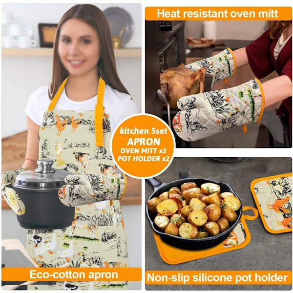 Ugnsvantar och grytunderlägg med kockförkläde. Set med 5 värmebeständiga