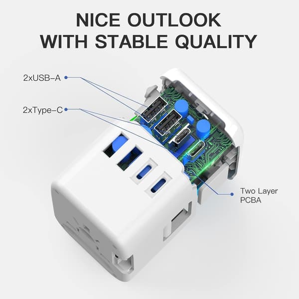Universell internationell strömreseadapter, 5-i-1 europeisk reseadapter med 3,5A 2xUSB-A och 2xUSB C väggladdare och världsomspännande AC