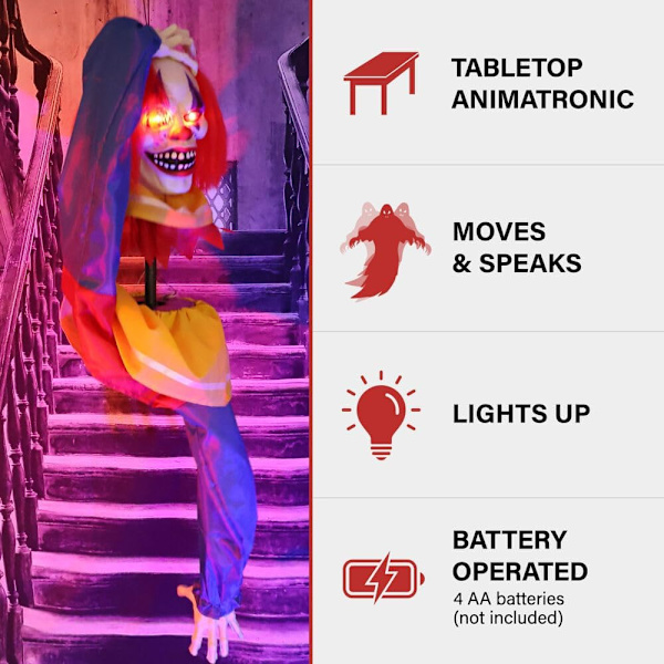 Haunted Hill Farm Pop-Up Talking Clown Head med Light-Up Eyes, Touch-Activated Animatronic för Scary Tabletop Dekoration, Creepy 14\" Clown