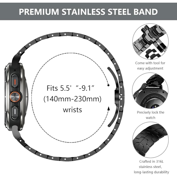 Rustfrit stålbånd kompatibel med   Galaxy Watch Ultra 47mm(2024), Solid Metal Replacement Business Strap med foldelås til mænd Sort