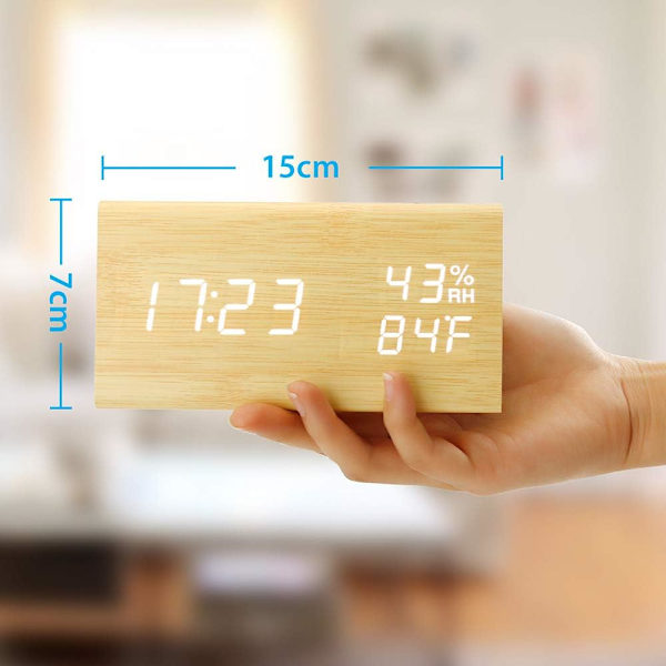 Träväckarklocka, Träväckarklocka Smart LED Digitalklocka för Sovrum/Skrivbord, Uppgraderad med Tid Temperatur, Justerbar Ljusstyrka och Röst