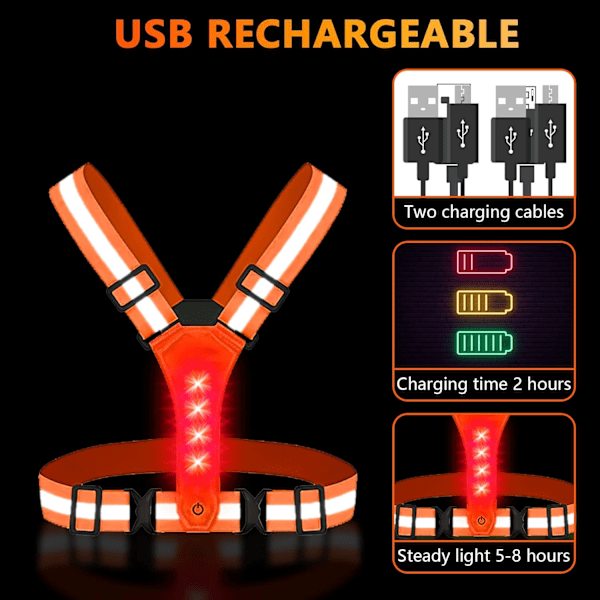 LED Reflekterende Løbevest med Høj Synlighed Sikkerhedslys.USB