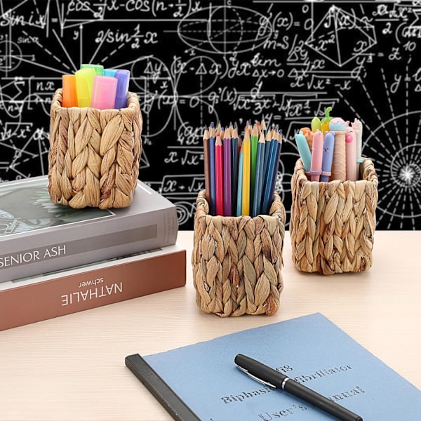 3-pack vattenhyacint pennhållare, korg pennkopp sminkborst hållare, pennkopp arrangör chic vävda skrivbordstillbehör pennbehållare