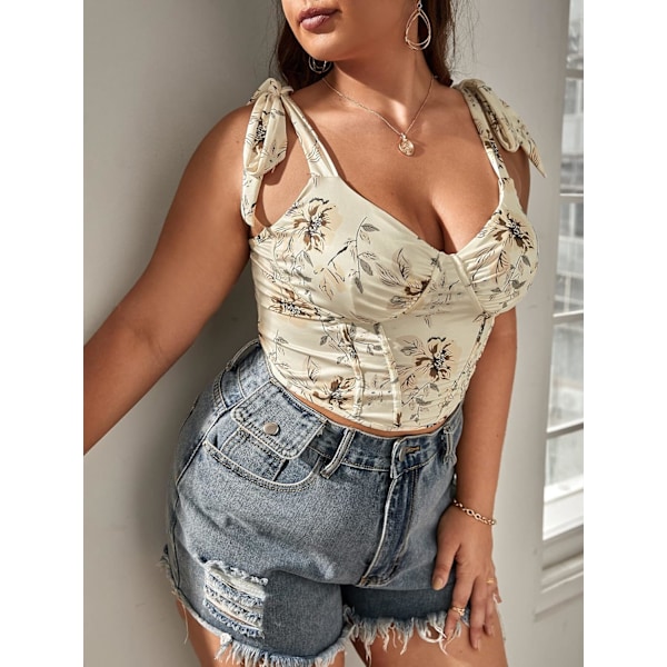 Kvinners Plus Size Blomster Tie Skulder Bustier Korsett Crop Cami Tank Top