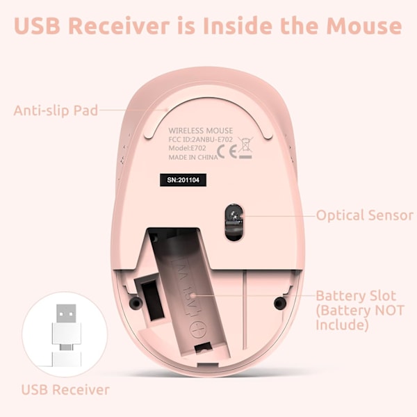 Trådlös mus USB C. 2.4G tyst datormus. 1600 dpi