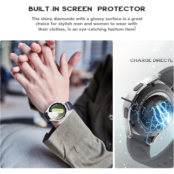 Hård Skærmbeskytter Kompatibel med Galaxy Watch 7 40mm Bling Etui, Super Skinnende Diamanter Bumper, Ultra Klar Hærdet Glas Skærmfilm Fuld Beskyttelse