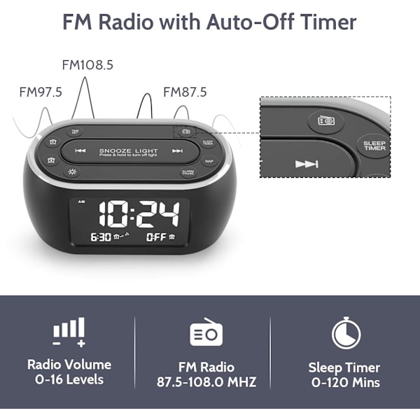 Glow Liten väckarklockradio för sovrum med 7-färgad nattlampa, dubbelalarm, dimmer, USB-laddare, baery-backup, naptimer, FM-radio med svart