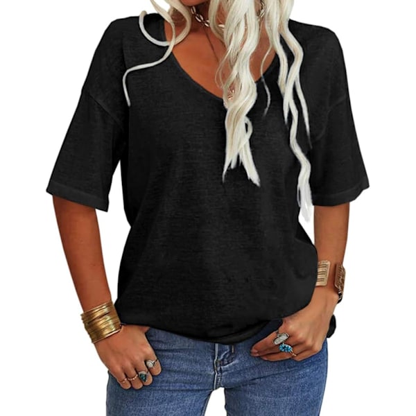 Damtoppar Sommar Mode V-hals Halv ärm Överdimensionerade T-shirts Armbågslängd