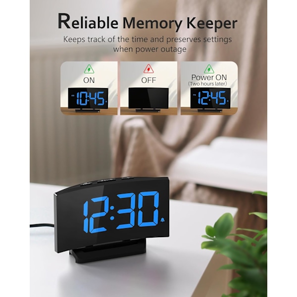 Digital väckarklocka för sovrum, digital klocka med modern kurva, tydliga blå LED-siffror, 5 nivåer ljusstyrka + av, 2 volymer, 3 blå