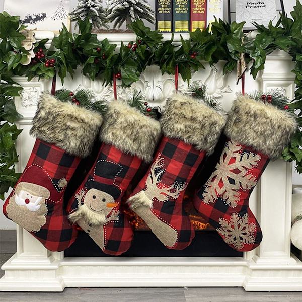 Julklappsstrumpor, Julstrumpor, Julklappspåsar, 2021 Nya 4 st 18 tum Röd och Svart Buffelrutig Klassisk Tomte Snögubbe Rensa Jul C