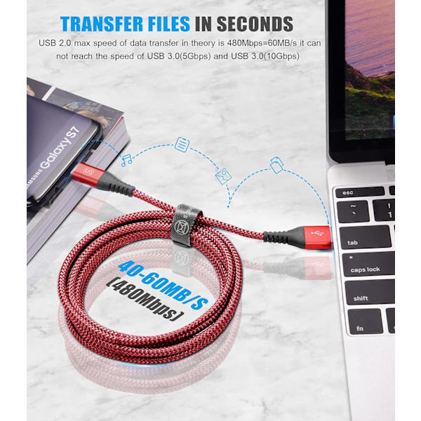 Micro USB-kabel 6,6 fot 2-pack Android-laddningskabel. Micro USB Nylon