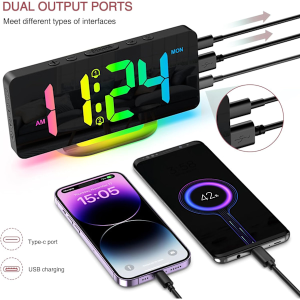 Digital väckarklocka för sovrum, ny version RGB väckarklocka, uppladdningsbar LED-bordsur med 10 RGB nattljus, snooze, 2 larm, justerbar