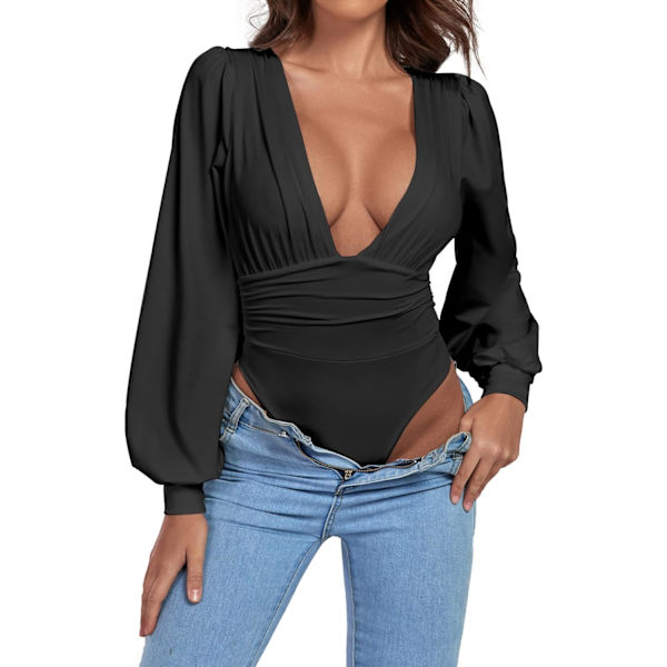 Kvinnors djupt V-ringad rynkad plisserad långärmad topp Leotard Bodysuit