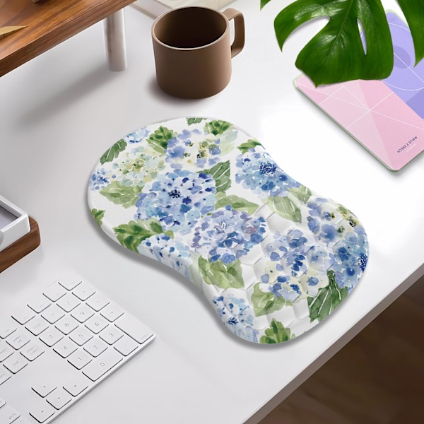 Blå Hortensia Ergonomisk Musmatta med handledsstöd, Vit Söt Blå Blommig Musmatta Kawaii Handledsstöd Smärtlindrande Musmatta med Minnesskum Blå