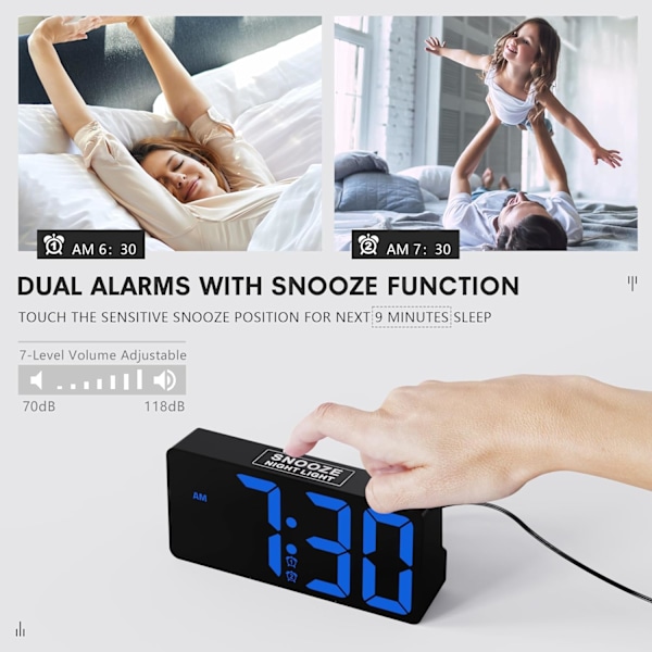 Digital väckarklocka för sovrum, 7\" digitalklocka med dubbla alarm, typ C & USB-laddningsport, nattlampa, fet siffra stor display, 7 blå