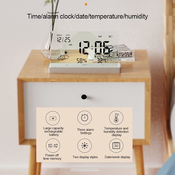 Digital väckarklocka, kreativ tydlig digital klocka med transparent stor skärm Temp/Fuktighet/Datum Visning Elektronisk väckarklocka Skrivbord Guld