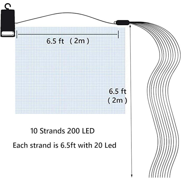 2-pack batteridrivna ljusslingor med timer, vattentäta vattenfallsljus 8 lägen 10 trådar 200 LED hängande slingor med