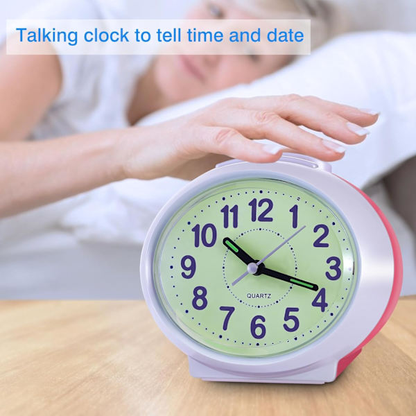 Analog Talking Alarm Clock - Talar tydligt tid och datum - Lätt att använda med stora siffror på en luminescerande bakgrund för demens,