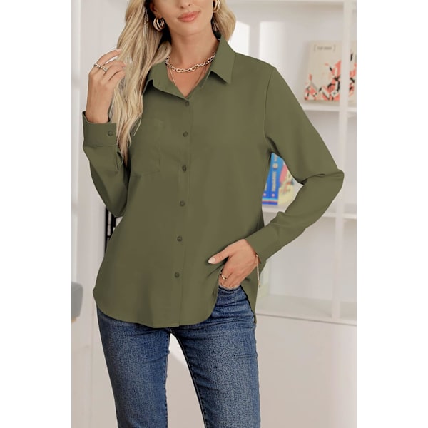 Dam Casual Button Down Skjortor V-hals Chiffon Långärmad Krage Kontor