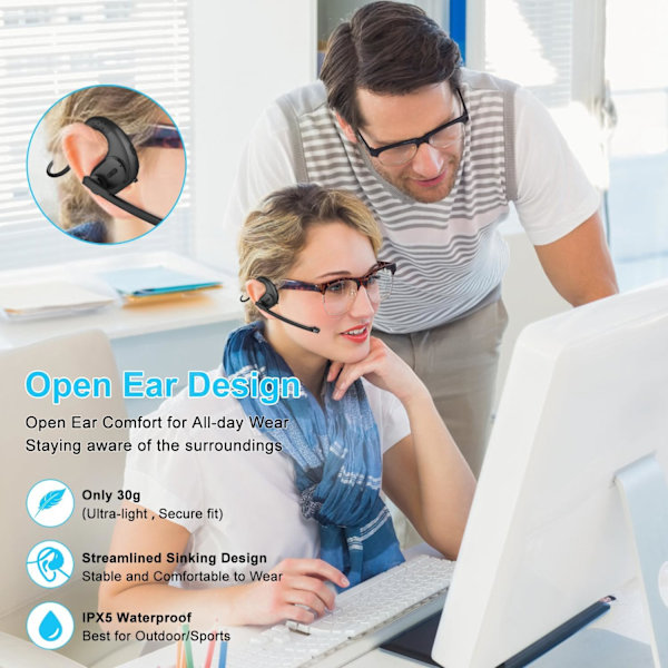 Bluetooth Headset - Avtakbar Mikrofon, DSP Støyreduksjon, 12H Batteri for Telefon/PC/Laptop