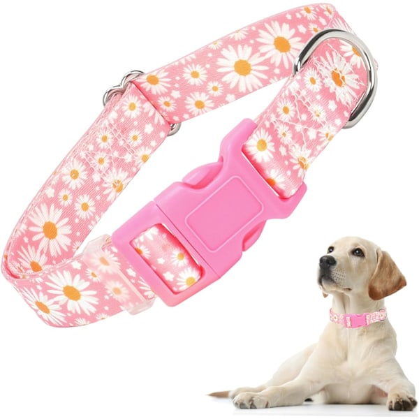 Girl Dog Collars with Daisy Patterns, Cute Pink Dog Collar for Puppy, Adjustable Soft Durable Pet Collars for XS Small Medium Large Dogs (S) 12 S