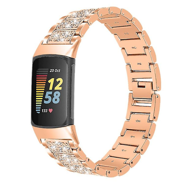 For Fitbit Charge 5 Diamant Rustfrit Stål Urrem OCM Rose Gold
