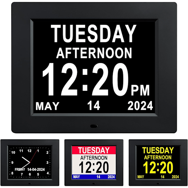 Ur med dag og dato til ældre, stort digitalt display med 12 alarmindstillinger, stort display til demensramte, digital kalender, sort 8\"