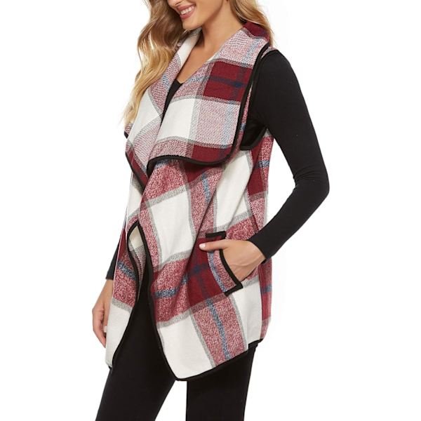 Dame Vest Lapel Åben Front Buffalo Plaid Ærmeløs Cardigan Jakke Frakke med