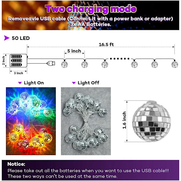 50 LED Discokula Spegel LED Festljusslinga Jul Lyktor för Semester Vägg Fönster Trä Dekorationer Inomhus Utomhus Terrass Fest Gård