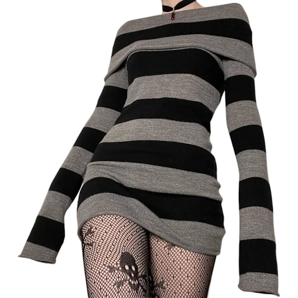 Strikke Minikjole - Off Shoulder Punk Gotisk Langærmet
