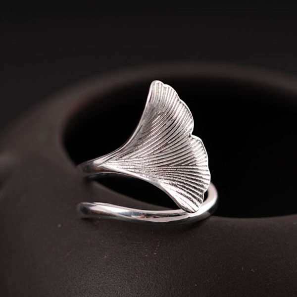 925 Silver Handgjord Ginkgo Blad Öppningsring