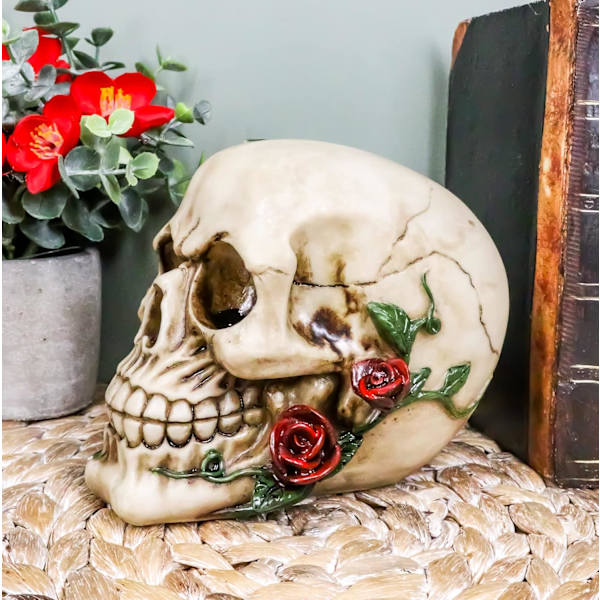 Ebros Gave Día de Muertos Rød Rose Vine Kranie Figur Figur DOD Floral Sukkerskalle Dekoration 6\" L Kirkegård Macabre Ossuary Kranier Skelet Statue