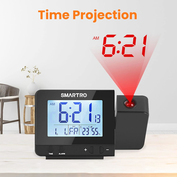 Projektionsvækkeur til soveværelser, digitalt ur med indendørs termometer hygrometer, USB-oplader, sengetidsvækkeur projektor, rejse, AC &